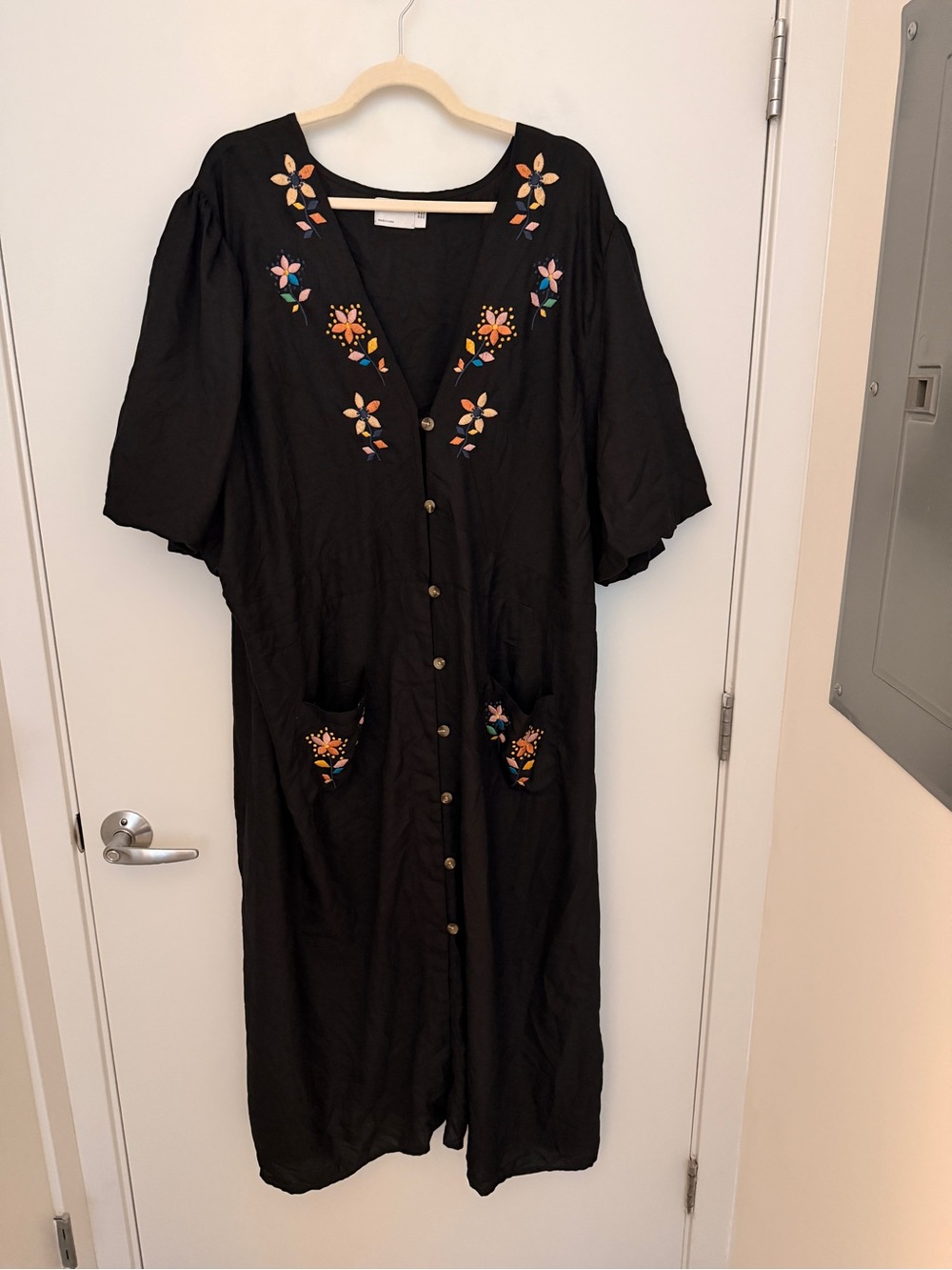 Asos - Black Embroidered Button-Front Midi Dress